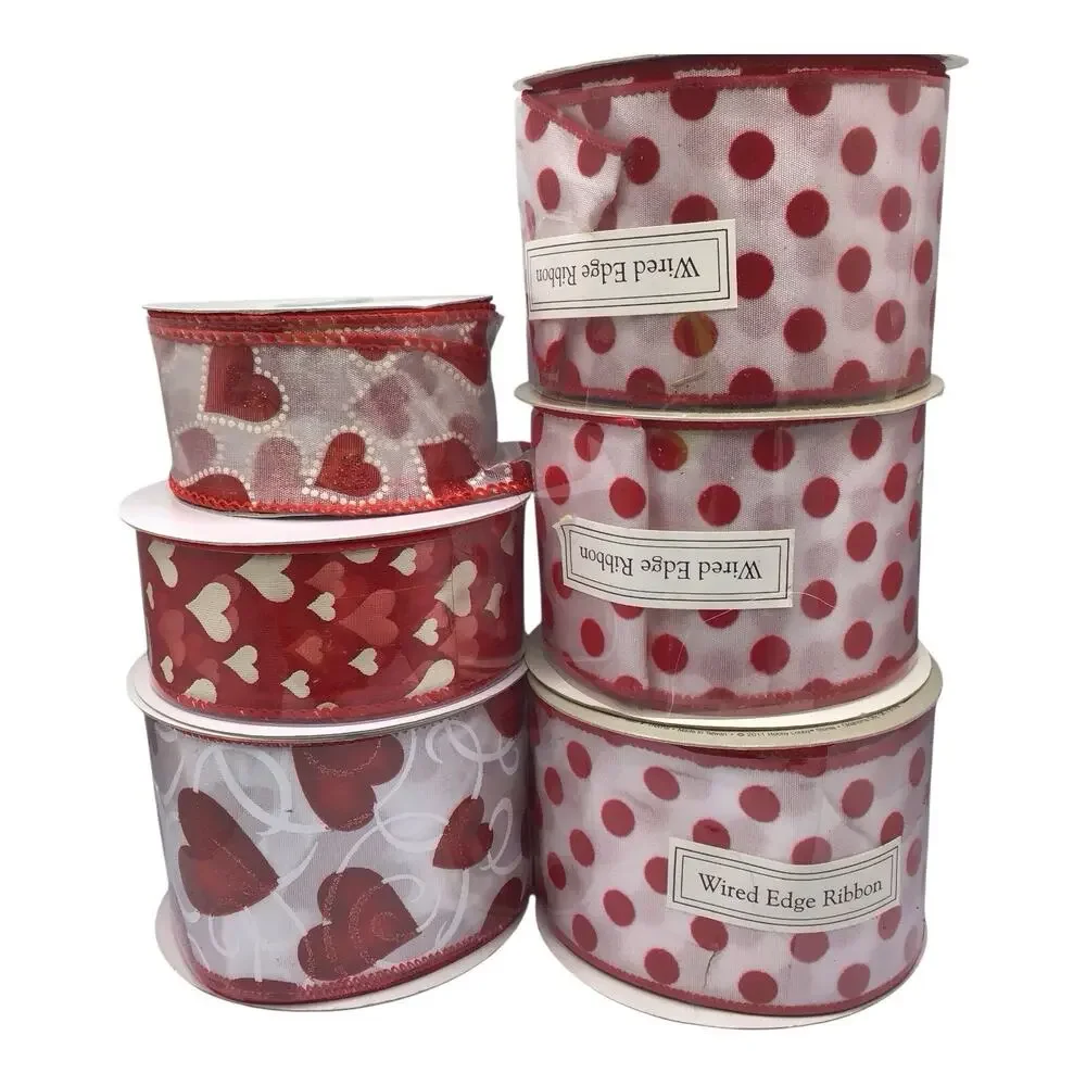 Valentine Ribbon Lot Red White Hearts Polka Dot Wired Craft Decor 6 Rolls